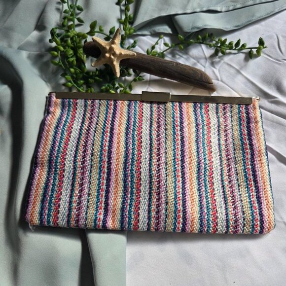 J-Crew Striped Satin-y Clutch Purse Bag Multi-Colored Gold clasp - Picture 5 of 16